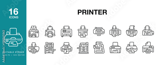 Printer icon set. Includes printer, printing, document, paper, ink, toner and More. Editable Stroke Icon Collection.