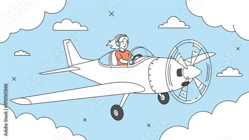 A happy young woman wearing headphones pilots a small propeller plane, flying through a blue sky filled with cartoon clouds.
