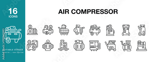 Air Compressor icon set. Includes compressor, air, pneumatic, pressure, pump and More. Editable Stroke Icon Collection.
