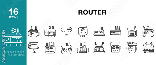 Router icon set. Includes router, wifi, network, internet, wireless and More. Editable Stroke Icon Collection.
