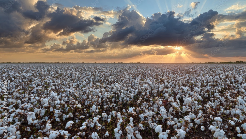 Fototapeta premium Sunburst over vast field of fluffy white cotton under dramatic sky