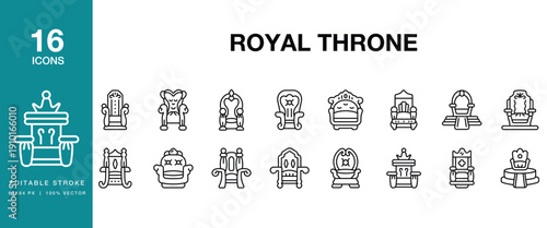 Royal Throne icon set. Includes throne, royal, king, queen, crown, monarchy and More. Editable Stroke Icon Collection.