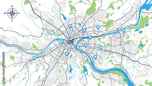 Detailed city map with a compass rose, showing intricate street networks, rivers, green parks, and multiple blue location pins.