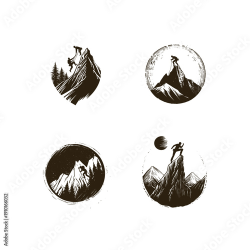 Vintage engraving style illustration set of four mountain climbing scenes, featuring silhouettes of climbers scaling steep peaks and standing on summits under the moon