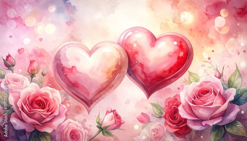 Two watercolor hearts surrounded by soft pink roses and bokeh lights, symbolizing love and romance.