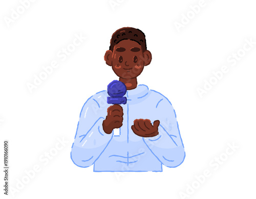 Illustration of an African American TV reporter holding a microphone. News anchor. Black Press Day. Black male or female journalist. Media and communication. Expression, pose, gesture. Flat style 