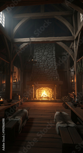 Cozy medieval tavern interior with warm fireplace and wooden mugs on the table