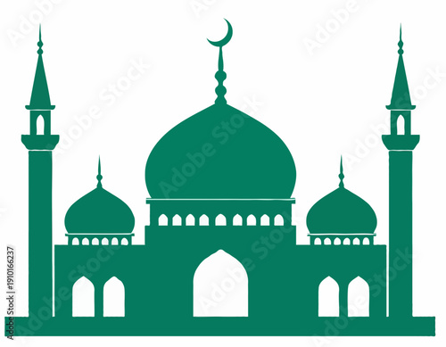 Green silhouette of a mosque with multiple domes, tall minarets, and a crescent moon symbol on the main dome, representing Islamic architecture and worship.