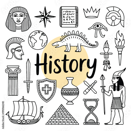 Creative history doodle art with pharaoh mask, Ankh, Eye of Horus, sword, shield, crown and torch around bold title, black and white line vector, textbook worksheet design.