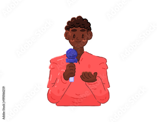 Illustration of an African American TV reporter holding a microphone. News anchor. Black Press Day. Black male or female journalist. Media and communication. Expression, pose, gesture. Flat style 