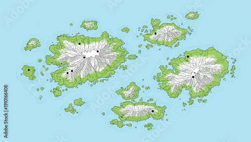 A fantasy or topographical map of an archipelago with several islands, showing mountains, green lowlands, and location markers.