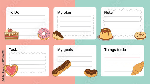 A set of cute and colorful printable planner note cards decorated with various sweet desserts like cake, donuts, and croissants.