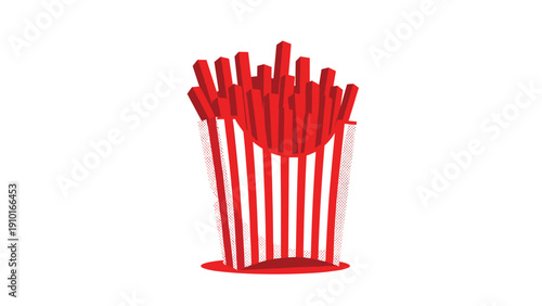 A stylized, graphic illustration of red french fries in a red and white striped container, presented in a bold, modern style.