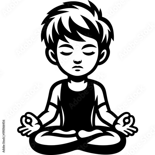 Cute boy meditating in lotus pose, closed eyes, slight frown, spiky hair, tank top, black and white vector child zen illustration mascot logo