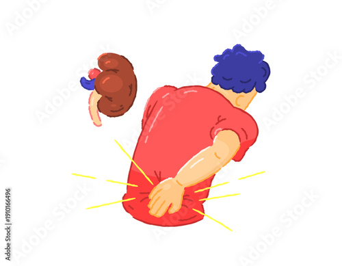 Illustration of a man feeling pain in his lower back due to kidney failure. Stomach or lower back pain. Kidney disease symptoms. Internal organ health problems. Expression, pose, gesture. Flat outline