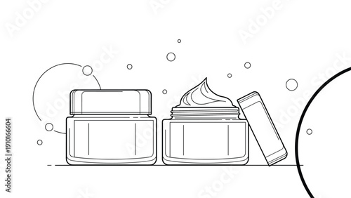 Minimalist black and white line art illustration of two cosmetic cream jars, one open and one closed, with abstract bubbles.