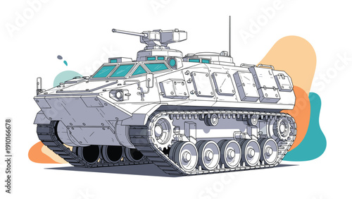 Modern military armored vehicle with tracks and a turret is shown with colorful abstract shapes for a defense or technology theme.
