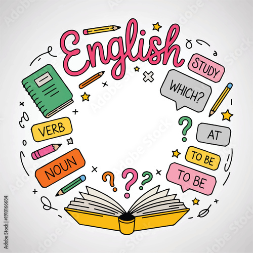 Hand drawn cartoon style English study concept illustration, featuring open book with question marks, grammar tags like verb and noun, speech bubbles with to be and which, pencil and notebook elements