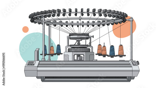 Large industrial circular knitting machine with many spools of thread illustrates the complexity of modern textile manufacturing.