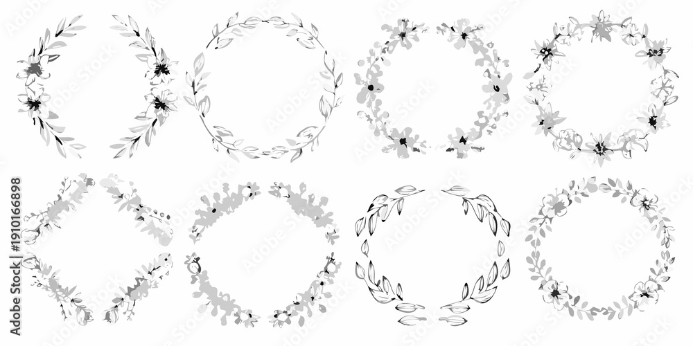 Obraz premium Floral wreaths and branches in a monochromatic hand drawn style