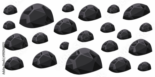 A collection of dark jagged rocks scattered across a white background