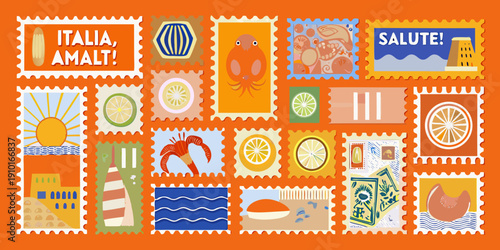 Colorful postcard style illustration featuring italian themes and citrus fruits