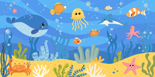 Colorful cartoon illustration of diverse marine life in a vibrant ocean