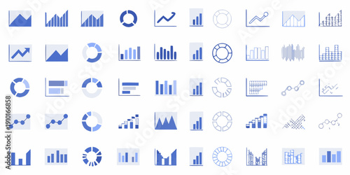 Collection of blue data visualization icons and chart symbols