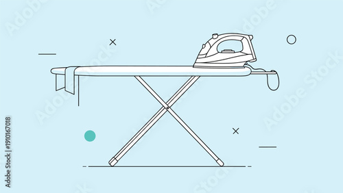 Modern steam iron sits on an ironing board ready for household chores and laundry maintenance in a clean minimalist illustration.