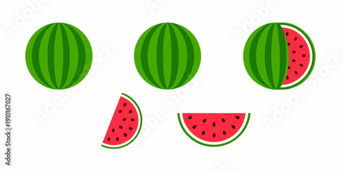 Illustrative depiction of whole and sliced watermelons in varying stages