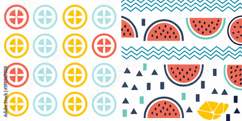 Colorful pattern featuring citrus slices and watermelon designs on white