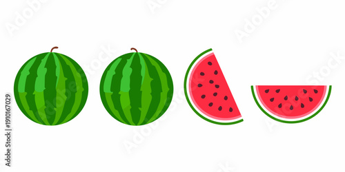 Stylized illustration of whole and sliced watermelons with green rinds