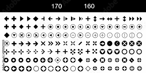 Collection of diverse geometric symbols and directional indicators in black and white