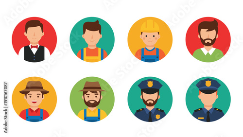 Set of colorful circular avatars represents various professions including a waiter, builder, farmer, and police officer for social media.