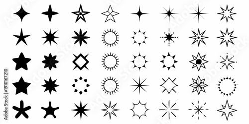 Collection of various black star and sparkle shaped icons arranged in a grid