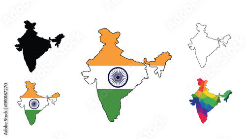 Five different map styles of India including flag colors, silhouettes, and low poly designs are presented for geography and national identity.