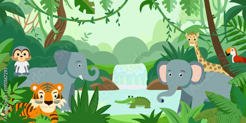 Photography Cartoon jungle scene featuring elephants monkeys a tiger and a giraffe