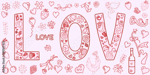 A pink illustration spells love with floral and food themed doodles