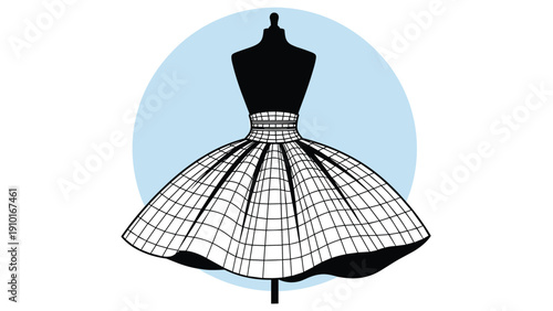Classic dress form mannequin with a black torso and white gridded full skirt is presented against a soft blue circular background for fashion.