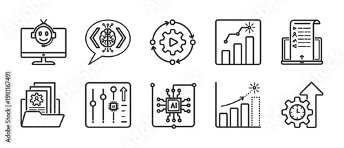AI Business Automation Vector Icon set Minimalis Outline - Assistant Dashboard, Workflow, Analytics, Predictive Systems and Productivity Tools for Intelligent Operations and Digital Process Management