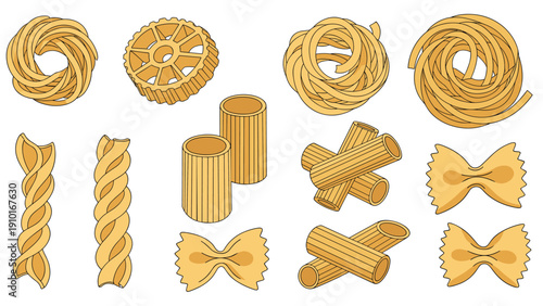 Variety of different pasta shapes including fusilli, penne, and farfalle are illustrated for an Italian food or cooking theme.