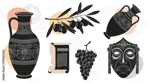 Set of ancient Greek artifacts including vases, olives, grapes, and a mask are presented in black and white with decorative patterns.