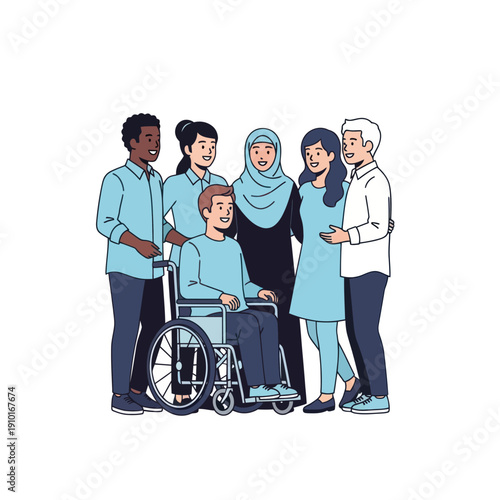 Diverse group of happy people with man in wheelchair