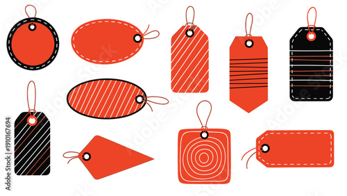Collection of red and black price tags in various shapes with strings, featuring doodle patterns like stripes and swirls.