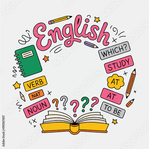 Colorful hand-drawn English language learning doodle with bold “English” lettering, grammar icons, books, speech bubbles and pencils, playful sketch style isolated on white background.