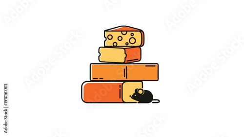 Stack of delicious cheese blocks including Swiss and cheddar being approached by a small black mouse on a white background.