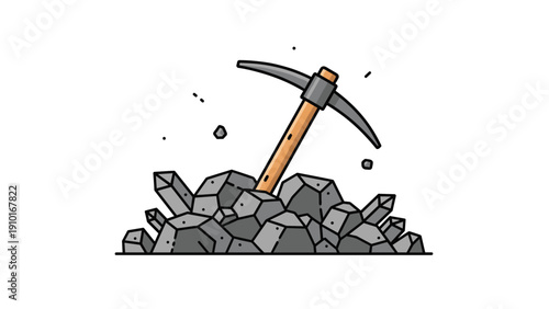 Mining pickaxe tool stuck in a pile of dark coal rocks and grey minerals representing resource extraction and hard labor.