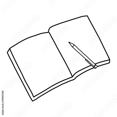開いたノートとペンが置かれた手書き風のシンプルな線画イラスト素材