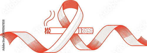 Minimalist vector illustration depicting a red awareness ribbon intertwined with a lit cigarette symbolizing the global struggle against tobacco use and addiction.