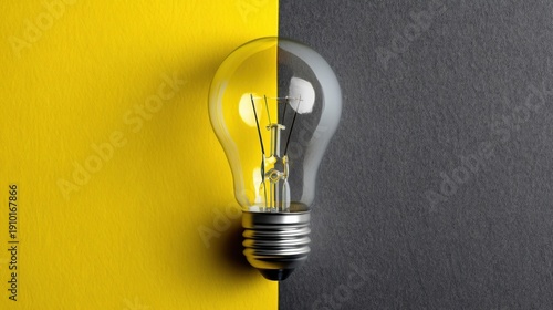 A glowing incandescent bulb contrasts against a divided backdrop of yellow and gray, symbolizing ideas and innovation.